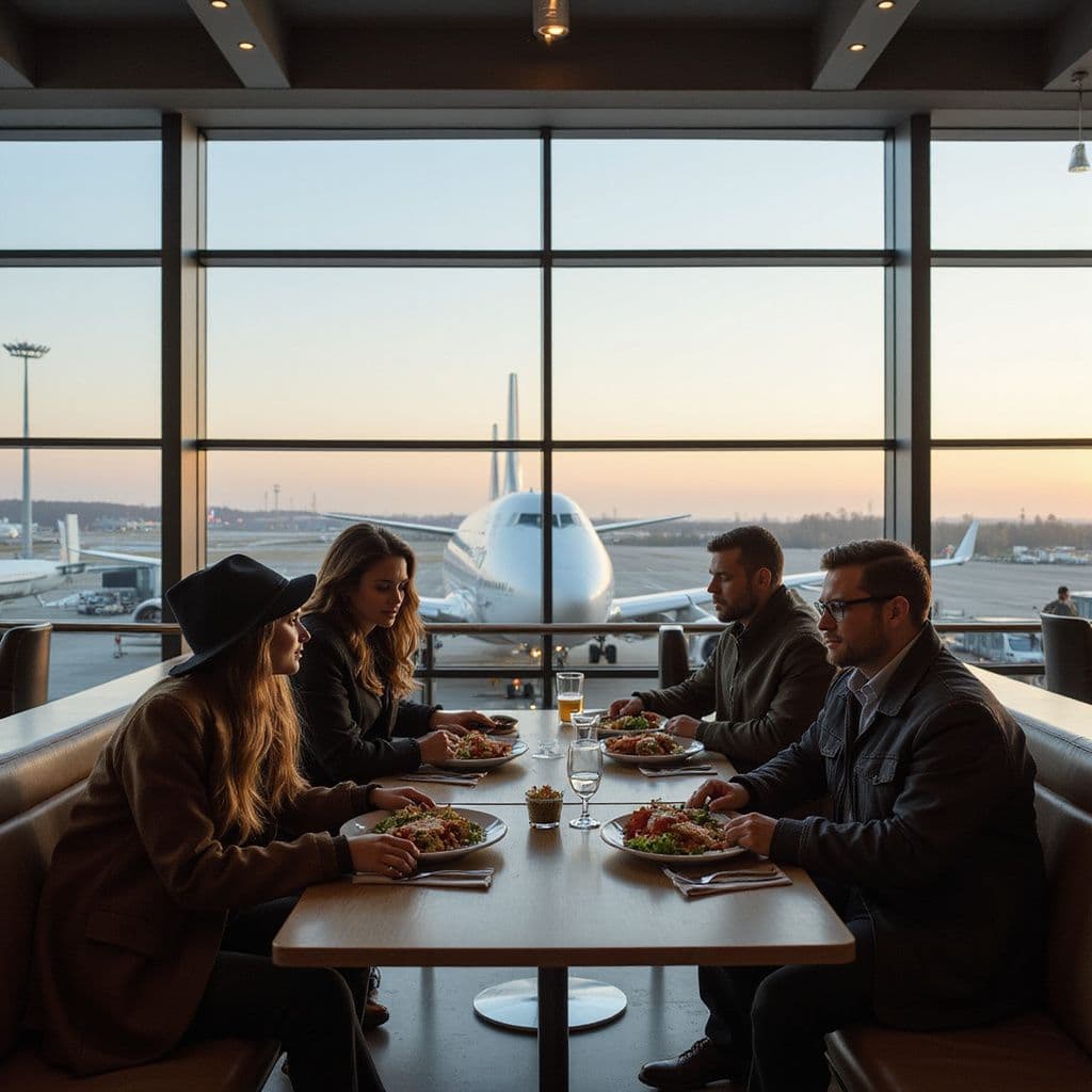 Travellers dining at airport restaurants in a bright concourse